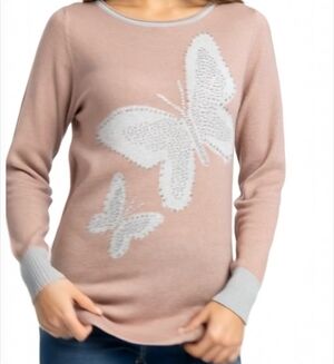 Embellished Butterfly Wool Crewneck Sweater Women’s Brown Gray Long Sleeve Sz S